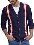 NITAGUT Men's Retro Cardigan Sweater Comfortable V Neck Stripes Button Down Knitted Sweater Stripe Blue Red Beige 3, Large