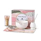 Matcha Tea Set, 8 Pcs Japanese Matcha Kit with Cherry Blossom and Wave Design Ceramic Bowl, Bamboo Whisk, Whisk Holder, Scoop, Sifter, Brush, Matcha Kit Set for Matcha Lovers (Speckled White)