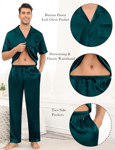 Image of SWOMOG Mens Satin Pajama Set Short Sleeve Classic Sleepwear Button Down Silky Loungewear with Long Pants Solid Deep Green X-Large