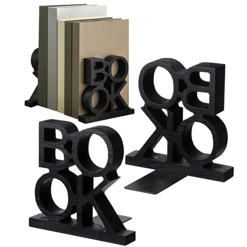 Chunful 2 Pieces Set Bookends Carved in Book Block Letters Rustic Fun Bookends Decorative Wood Book Ends for Home Office Library Bookshelf Desk