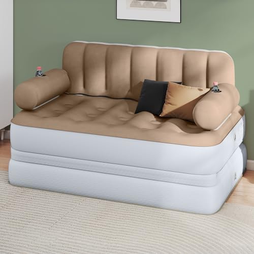 YITAHOME Queen Size Inflatable Sofa Bed with Headboard and Pump, Convertible Blow Up Couch, 2-in-1 Brown Air Sofa Bed for Home, Camping, and Guests, Brown