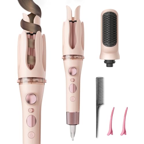 Automatic Curling Iron, 2 in 1 Hair Curler with Hair Straightener Brush, Rotating Curling Iron 1 1/4 Inch Large Barrel Waver Self Hair Tool, Anti-Scald Tangle-Free, 4 Temps Fast Heating Dual Voltage