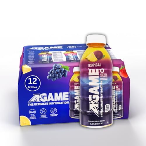 A-GAME Sports Drink, Tropical, The Ultimate Hydration Sports Beverage for Athletes, 8 Essential Vitamins including B, C, & E plus Natural Sea Salt Electrolytes, All Natural Flavors & Sweeteners, Gluten Free, 16.9 Fl Oz (Pack of 12)
