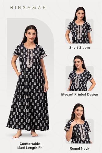 Image of NIHSAMAH Cotton Nighty for Women with Pocket, Premium Printed Long Nighty | Comfortable & Fancy Sleepwear /Nightwear