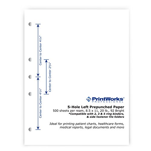 PrintWorks Professional Pre Punched Paper, 5 Hole Punch Left For 2 Ring & 3 Ring Binders & Side Fastener File Folders, 8.5 x 11, 20 lb, 500 Sheets (04340), White, 5-Hole Left Punched