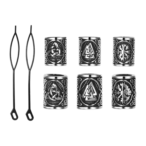 Cupimatch Wikinger Bartperlen Haarperlen Set: Edelstahl Haar- und Bartschmuck keltische 6Pcs Runen Perlen in 2 Größen mit Haarfädler DIY Dreadlock Schmuck Unisex Wikinger Haarschmuck für Frauen Männer