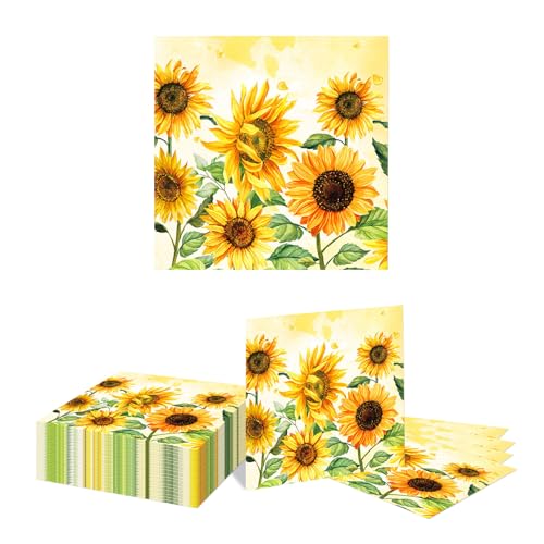 Kotkiddy 40 Serviettes tournesols en Papier jetables tournesols Jaunes pour Desserts, Mariages et Baby Showers de Fleurs de Printemps