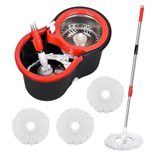 Seau à serpillère rotatif à 360° avec panier en acier inoxydable, 3 têtes en microfibre et poignée étendue de 154,9 cm – Système de nettoyage efficace du sol pour les maisons et les bureaux