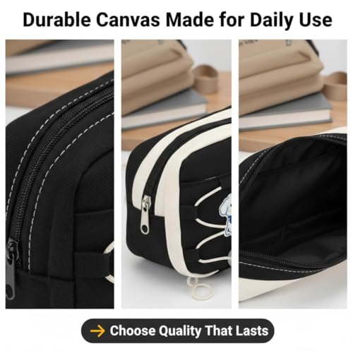 Image of Canvas School Bag Pencil Case, 3 Layer 6 Compartment Large Capacity, Aesthetic Pencil Pouch for Stationary, Cute Stationery for Kids, Pencil Case for Girls & Boys (Nice Day Black)