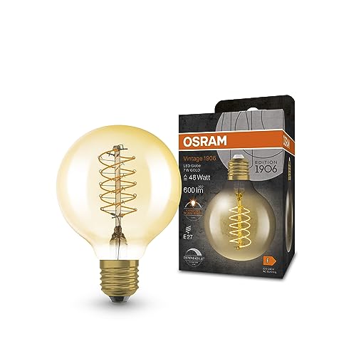 OSRAM Vintage 1906 LED-Lampe mit Gold-Tönung, 7W, 600lm, Kugel-Form mit 80mm Durchmesser & E27-Sockel, warmweiße Lichtfarbe, spiralförmiges Filament, dimmbar, bis zu 15.000 Stunden Lebensdauer