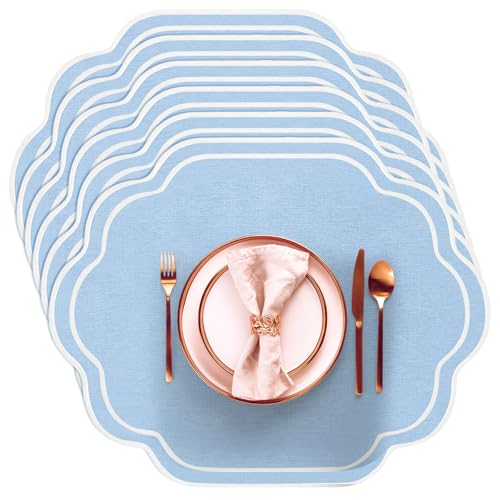 Breling Set of 6 Wedding Placemats Scalloped Embroidered Cotton Linen