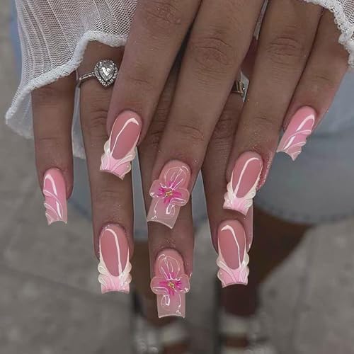 SEMATA Acrylic French Tip Press on Nails Medium Long Square Nails Press ons Spring Cute Ombre Glue on Fake Nail with 3D Flower Designs Coffin Artificial Stick on False Nail for Women 24Pcs — view 3
