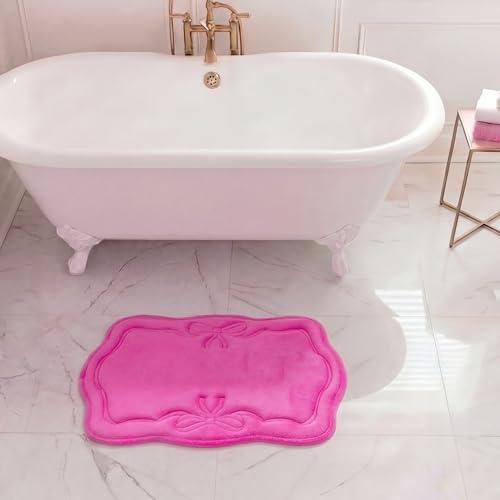Juicy Couture Quilted Memory Foam Bath Mat, 17" x 24" Scalloped Ribbon Border Hot Pink Skid-Resistant Bath Rug