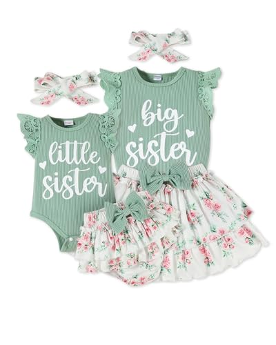 FAMIHAO Big Sister Little Sister Matching Outfits Baby Girl Romper Tops with Floral Shorts Summer Clothes Set,Green 0-3M