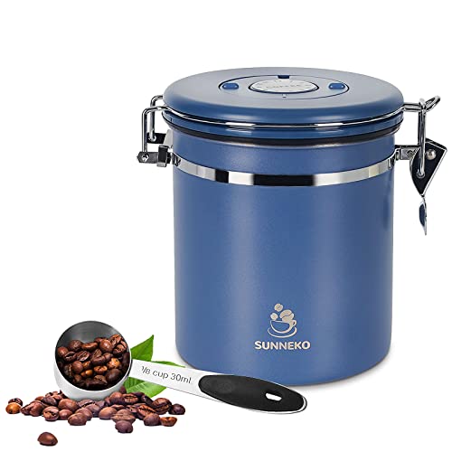 SUNNEKO Kaffeedose Luftdicht Bohnen Behälter Edelstahl, Kaffeebohnen Behälter mit Datumsanzeige, Messlöffel, CO2 Ventil, Geeignet für Kaffee, Kaffeepulver, Tee (Blue - 1500 mL - 1 stück) Cover
