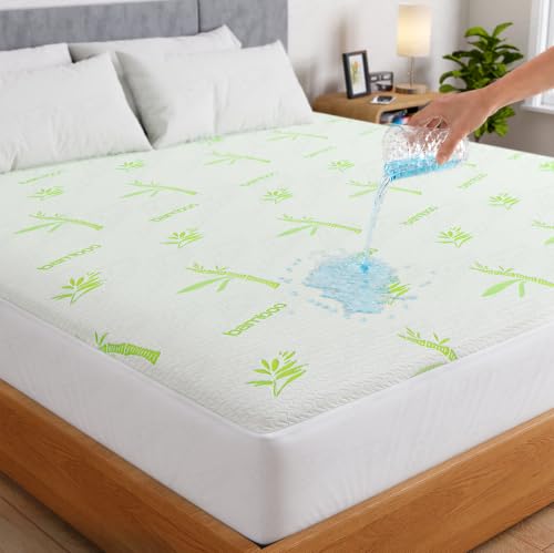 Image of Lukzer 100% Waterproof Natural Bamboo Mattress Protector Queen Size 72 inch x 60 inch inch | 360 Elasticated fit, Breathable, Hypoallergenic, Noiseless, Ultra-Soft Fitted Bed Protector /Deep Pocket Bed Cover