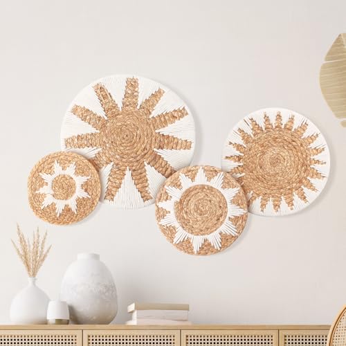 TNTGMG Paniers muraux Boho, 4 pièces Panier en jonc tressé suspendu avec 5 crochets, Paniers suspendus ronds de style rustique, Décoration murale rustique faite à la main pour la chambre, le salon, la