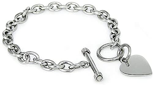 Stainless Steel Trendy Cable Chain Bracelet with Heart Charm and Toggle Clasp Closure, High Polished Finished, 7.5