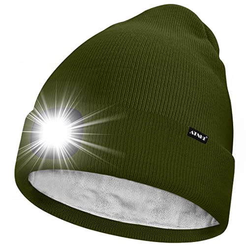 ATNKE LED Lighted Beanie Hat,USB Rechargeable 4 LED Running Headlamp Ultra Bright Cap with Light Hands Free Head Torch Winter Warm Lined Fleece Knit Beany Gifts for Men and Women/Army Green