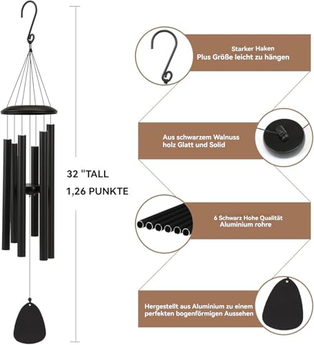 Windspiele FüR DraußEn HäNgend Windspiele - 6 RöHren Chimes FüR Garten, Balkon,Windspiel Garten -Gartendekoration Klangspiel(32 \Schwarz)