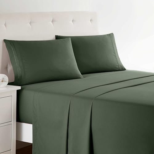 Clara Clark Bed Sheets Premier 1800 Series Bed Sheet Set Deep Pocket Wrinkle Fade Stain Resistant Luxury Soft Bedding Sheets & Pillowcases Queen Olive Green