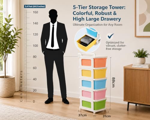 Image of Heavy Duty Plastic Storage Drawer with Wheels | Modular Cabinet for Bedroom, Office, Home or Classroom| Chest of Drawers Organiser for Cosmetics, Kitchen items, Toys (Multicolor, 5)