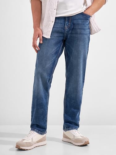 Image of Highlander Men Men's Premium Loose Straight Fit Mid-Rise Cotton Lycra Jeans - Button Closure, Machine Washable, Comfortable All-Day Wear for Casual & Semi-Formal Occasions