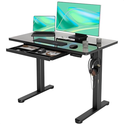 Image of INNOVAR Glass Standing Desk with Drawers, 40 x 24 Inches Electric Height Adjustable Desk, Tempered Glass Top Stand Up Desks for Home and Office, Black