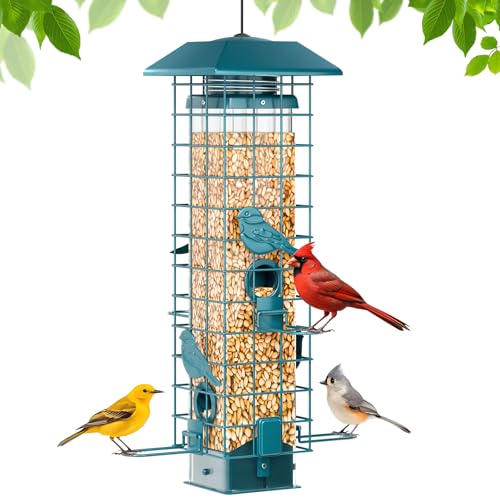 GAINSEN Squirrel Proof Metal Bird Feeder, Removable Base for Easy Cleaning, Weight Activated Cage, 3 Lbs Capacity, Sturdy and Rust-Resistant, Tube Bird Feeder for Outdoor Cardinals, Finches