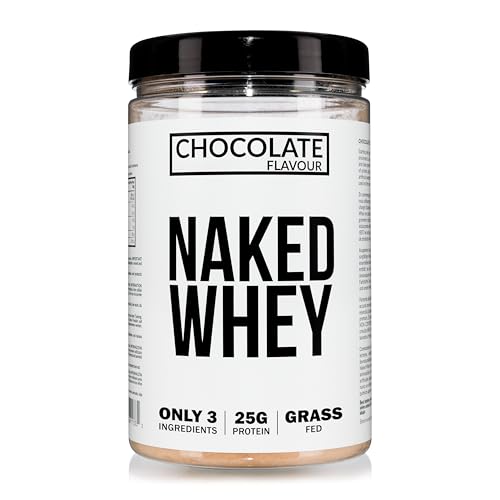 Naked Chocolate Whey Protein Powder Only 3 Ingredients Grass Fed Gluten Free Soy Free GMO Free 25g Protein and 6g BCAAs per Scoop 12 Servings 450g