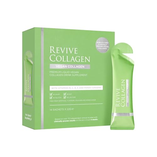 Revive Collagen 2500mg Plant-Based Vegan Collagen Peptides Skin Hydrating Liquid Supplement with Vitamins B C D E Raspberry Flavor Vegan Collagen for Women 21 Fl Oz 14 Packets