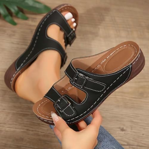 Comfy Low Wedges Leather Sandals for Women Elegant Summer Beach Slides Sandals with Double Adjustable Buckle2