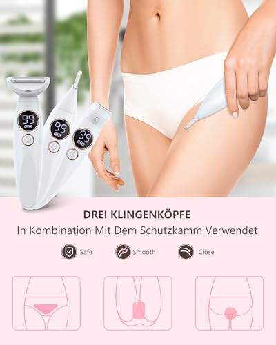 Rasierer Damen,3-In-1 Intimrasierer für Frauen,Gesichtshaarentferner für Frauen,Damenrasierer Elektrisch Nass-Trockenrasierer Ipx7 Wasserdicht Trimmer Damen,für Bikinizone Achseln Beine,USB-Aufladung