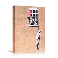 SIGNWIN Framed Canvas Wall Art Banksy Naked Man Hanging from Window Print Graffiti & Street Art Famous People Pop Art Modern Urban Multicolor for Living Room, Bedroom, Office - 12x18 inches