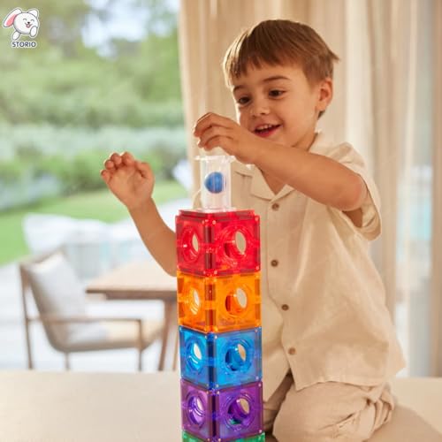 Image of Storio Magnetic Ball Runner Tiles Building Set for Kids | 25 PCS STEM Educational Toy with Marble Run, Slides & Windows | 3D Magnetic Blocks Construction Toy for Boys & Girls Age 3+ | Learning Toy