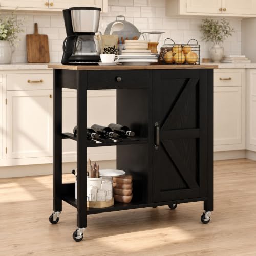 4 EVER WINNER Rolling Kitchen Island Cart with Storage, Coffee Bar Cart with Wine Rack and Adjustable Shelves, Small Kitchen Island on Wheels for Kitchen,Black