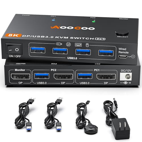 DP KVM Switch 1 Monitors 2 Computers, 8K@60Hz/4K@240Hz KVM Switch for 2 PC Sharing 1 Monitors, Keyboard, Mouse, with USB3.0 Cables, Wired Controller and Power Adapter