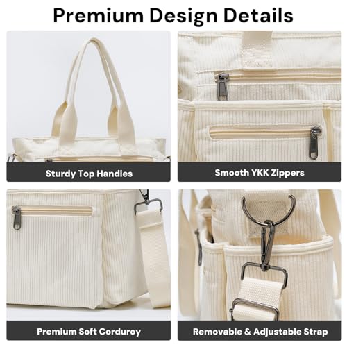 Image of YDF Corduroy Tote Bag for Women Crossbody Purse with Zipper, Aesthetic Multi Pocket Work School Bag, Gifts for Mom Teacher