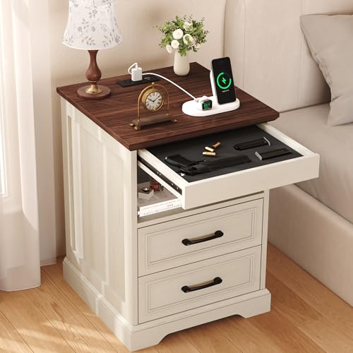 Yusong Farmhouse Nightstand Bedside Table with Hidden Lockable Drawer, 25" Tall Wood Night Stand with Charging Station, French Sofa End Side Table with Open Shelf for Bedroom, White and Brown by Yusong - Used condition - CA$121.94