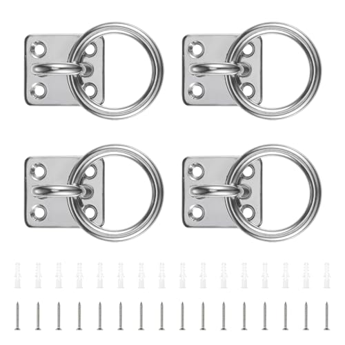 PARFCO Ganchos Anclaje Pared, 4 Piezas 304 Acero INOX Anillo para Atar Caballos, Ojal 8 mm, Cuadrado Argollas para Pared, con Tornillos y Tubo Expansión, para Columnas Madera, Paredes, Techos