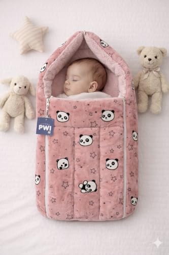 Image of PWI Baby Sleeping Bag for 0-6 Months, Ultra Soft Plush & Sherpa Warm Winter Wrapper with Hood & Zip, Newborn Swaddle Blanket for Stroller & Home Use