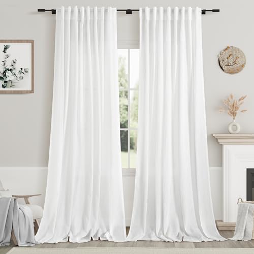 Image of White Linen 102 Inch Long Curtains for Living Room 2 Panels Back Tab Rod Pocket White Semi Sheer Extra Long Curtains Linen Soft Material Light Filtering Window Panel Drapes for Dining Room 60x102