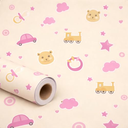 Image of Pink Baby Cartoon Theme Peel & Stick Wallpaper | Self Adhesive Nursery Wall Decor | Cute Kids Room Wallpaper 16 x 144 Inch