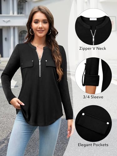 Image of Bulotus 3 /4 Length Sleeve Womens Striped Tops Zipper V Neck Collared Blouses Business Casual Tunics 2026 Spring Trendy
