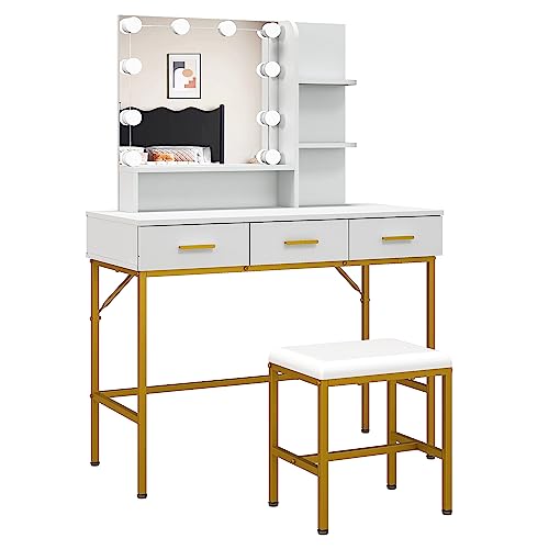Vanity Table with Lighted Mirror, 3 Drawers Makeup Desk Dressing Table with Lots Storage Vanity Set with Wider Cushioned Stool for Bedroom (White)