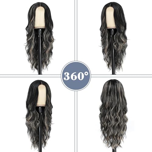 NAYOO Long Black Mixed Blonde Wavy Wig for Women 26 Inch Middle Part Curly Wavy Wig Natural Looking Synthetic Heat Resistant Fiber for Daily Party (Black Mixed Blonde)
