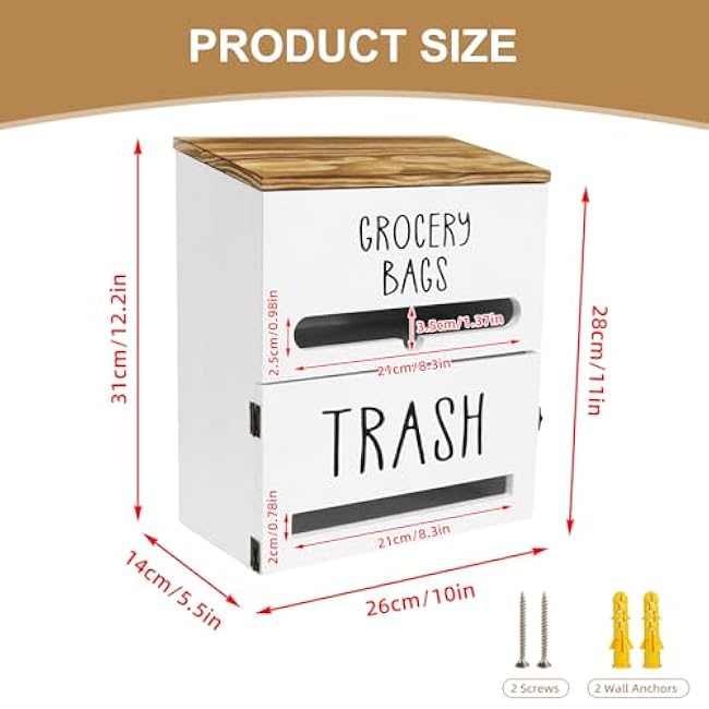 2 in 1 Trash Bag Dispenser, Double Wall Mounted,Wood Trash Bag Holder, used in kitchen, garage, laundry room, can store Environmentally friendly food bags and garbage bags