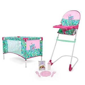 Baby Alive: at Home Set – 7pcs – Green, Pink, Hearts – Play Yard, Highchair, Feeding Accessories, Playset for Dolls Up to 18″, Kids Toy, Ages 3+