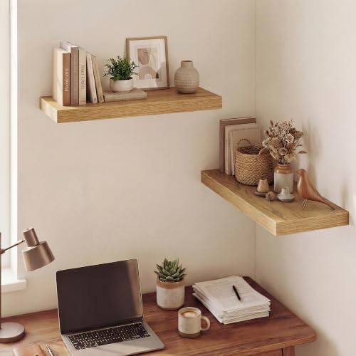 Image of Dreamland 24 Inches Floating Shelves for Wall,9.3 inch Deep Long Floating Shelves Set of 2,Large Display & Storage Shelf,Wall Shelf for Bathroom Bedroom Living Room Kitchen Office,Oak