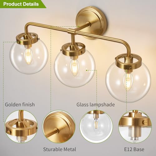 Image of Bathroom Vanity Light Fixtures Over Mirror, Modern Matte 3 Lights Wall Sconce Lighting with Transparent Glass Ball Shade, Mid Century Farmhouse Vanity Lights (Gold)